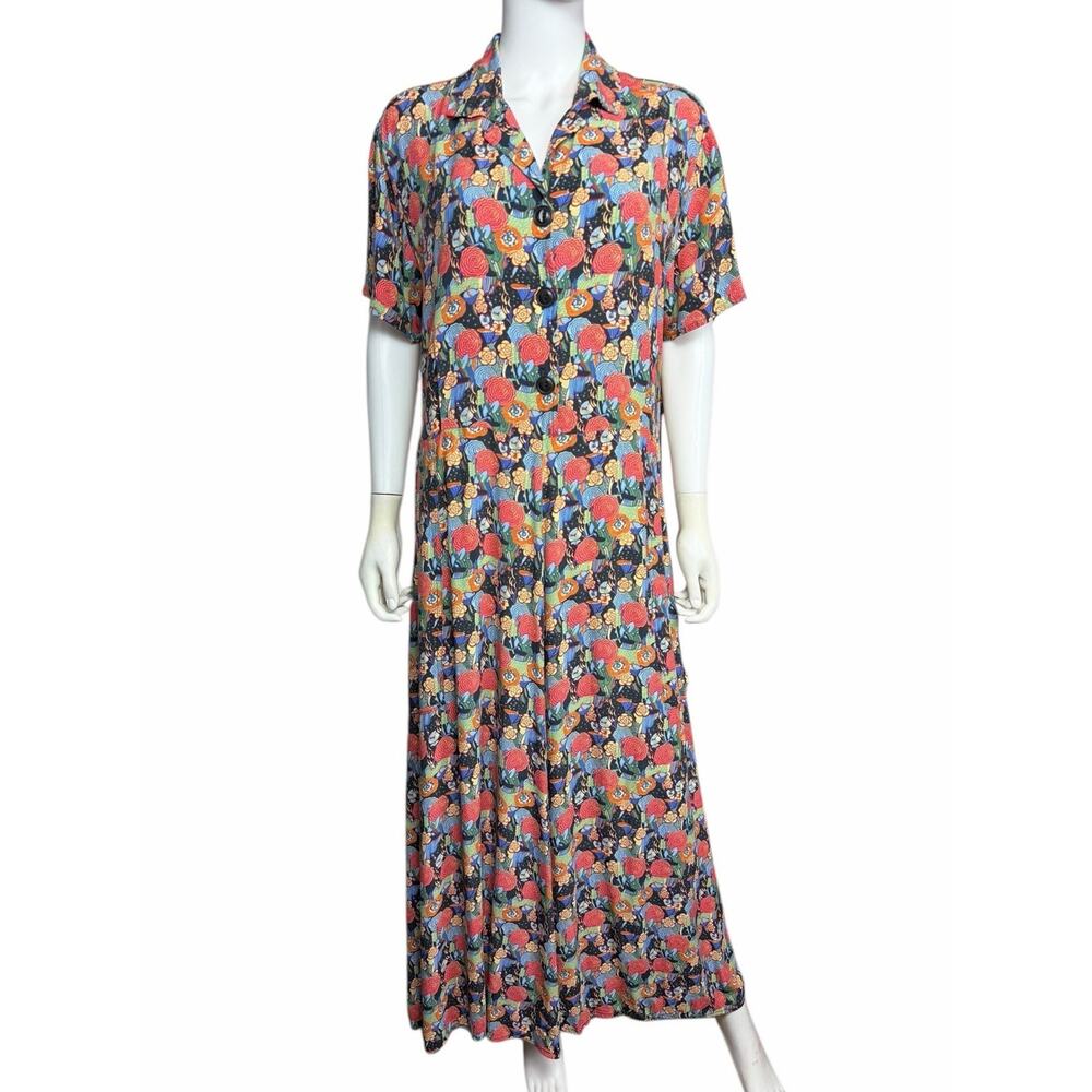 FLAX by Jeanne Engelhart Women's M Multicolor Floral Artsy Button Maxi Dress EUC